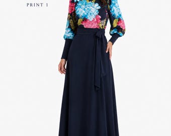 AMAL MUSLIM. Elegant Long Dress with Floral Print, Polyester Maxi Dress, Modest Dress with Long Belt, Dark Navy / Black Options, Model 66