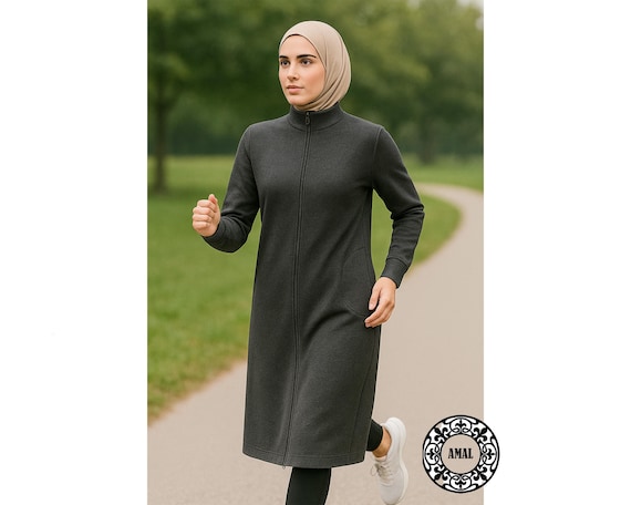 AMAL MUSLIM. Modest Sport Zip Abaya / Cotton Jersey Zip Dress / Everyday Casual Muslim Dress / Knee-Length. USA. Model 37. AMAL MUSLIM. Modest Sport Zip Abaya / Cotton Jersey Zip Dress / Everyday Casual Muslim Dress / Knee-Length. USA. Model 37.