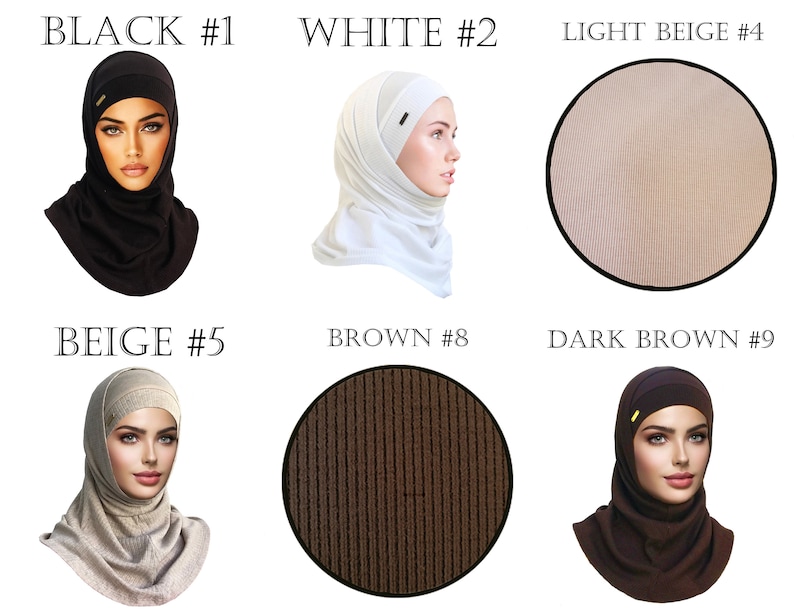 May include: Nine different colors of fabric swatches, including black, white, light beige, beige, brown, and dark brown. The fabric is ribbed and has a slight sheen.