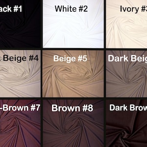 Puede incluir: Una cuadr&iacute;cula de nueve muestras de tela con texturas drapeadas en varios tonos neutros. Los colores est&aacute;n etiquetados como Black #1, White #2, Ivory #3, Light Beige #4, Beige #5, Dark Beige #6, Rose-Brown #7, Brown #8 y Dark Brown #9.