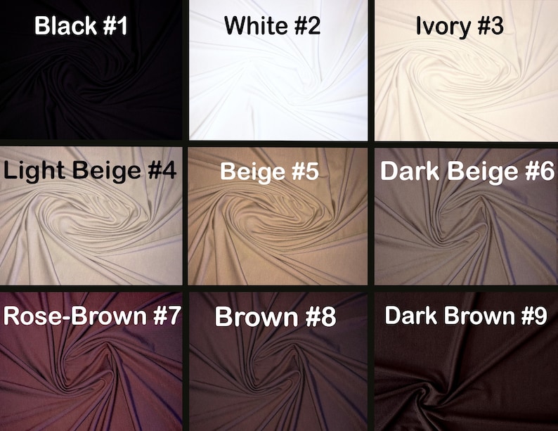 Puede incluir: Una cuadr&iacute;cula de nueve muestras de tela con texturas drapeadas en varios tonos neutros. Los colores est&aacute;n etiquetados como Black #1, White #2, Ivory #3, Light Beige #4, Beige #5, Dark Beige #6, Rose-Brown #7, Brown #8 y Dark Brown #9.