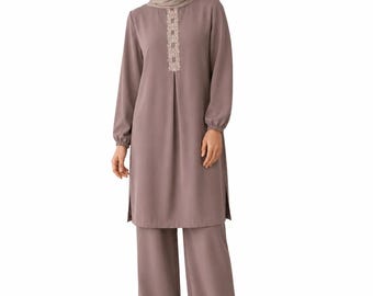 Modest Tunic and Pants Set for Women, Muslim Two Piece Outfit, Embroidered Long Tunic, Loose Modest Clothing, Matching Palazzo Pants, M-1