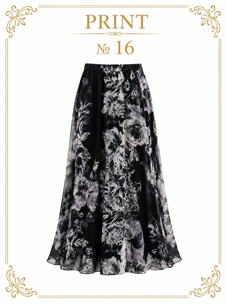 AMAL, Chiffon Maxi Skirt with Full Lining, Semi Circle Flared Long Skirt, Elastic Waist Modest Skirt, Floral Print Skirt for Women M- 113. PRINT #16