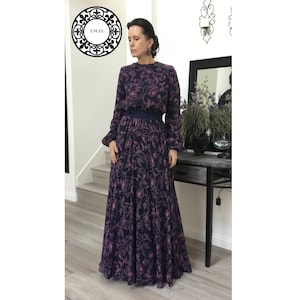AMAL MUSLIM. Long Chiffon Maxi Dress. Floral Print. xs-5xl. USA. Model 06.
