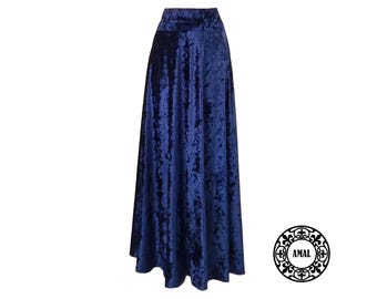 AMAL MUSLIM. Women's Navy Velvet Maxi Knit Skirt With Wide Belt. USA. Model 112.2