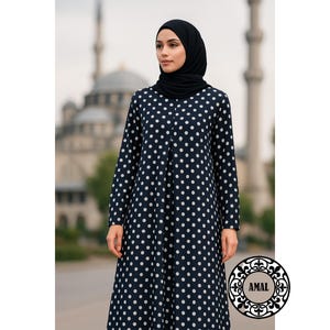 AMAL Muslim. Abito lungo a pois ITY • Abito nero modesto a maniche lunghe • Stile Abaya musulmano USA. Modello 07