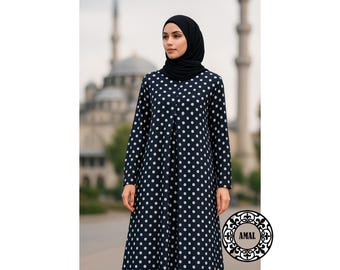 AMAL Muslim. Polka Dot ITY Maxi Dress • Modest Black Long Sleeve Dress • Muslim Abaya Style USA. Model 07