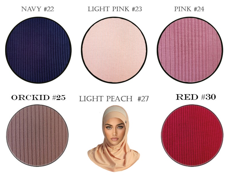May include: Six fabric swatches in different colors, including navy, light pink, pink, orchid, light peach, and red. Each swatch is a close-up of a ribbed fabric.