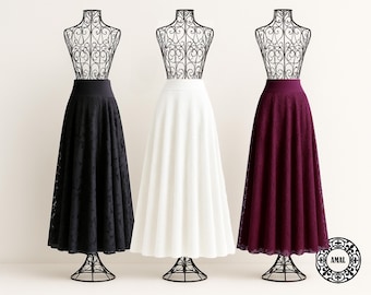 AMAL MUSLIM. Lace Maxi Skirt with Wide Waistband • Full Length A-line Lace Skirt • Elegant & Everyday Style. USA. Model 117