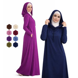 AMAL Muslim. Modest Prayer Dress with Hood | Everyday Muslim Dress | ITY Knit Islamic Dress USA. Model 35.