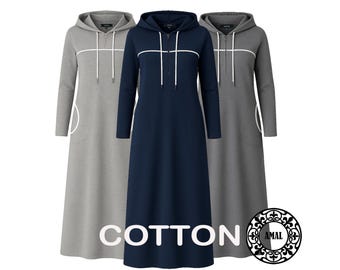AMAL MUSLIM. Katoenen hoodiejurk van gebreide stof met zakken in de zijnaad en rits aan de voorkant. VS. Model 08.