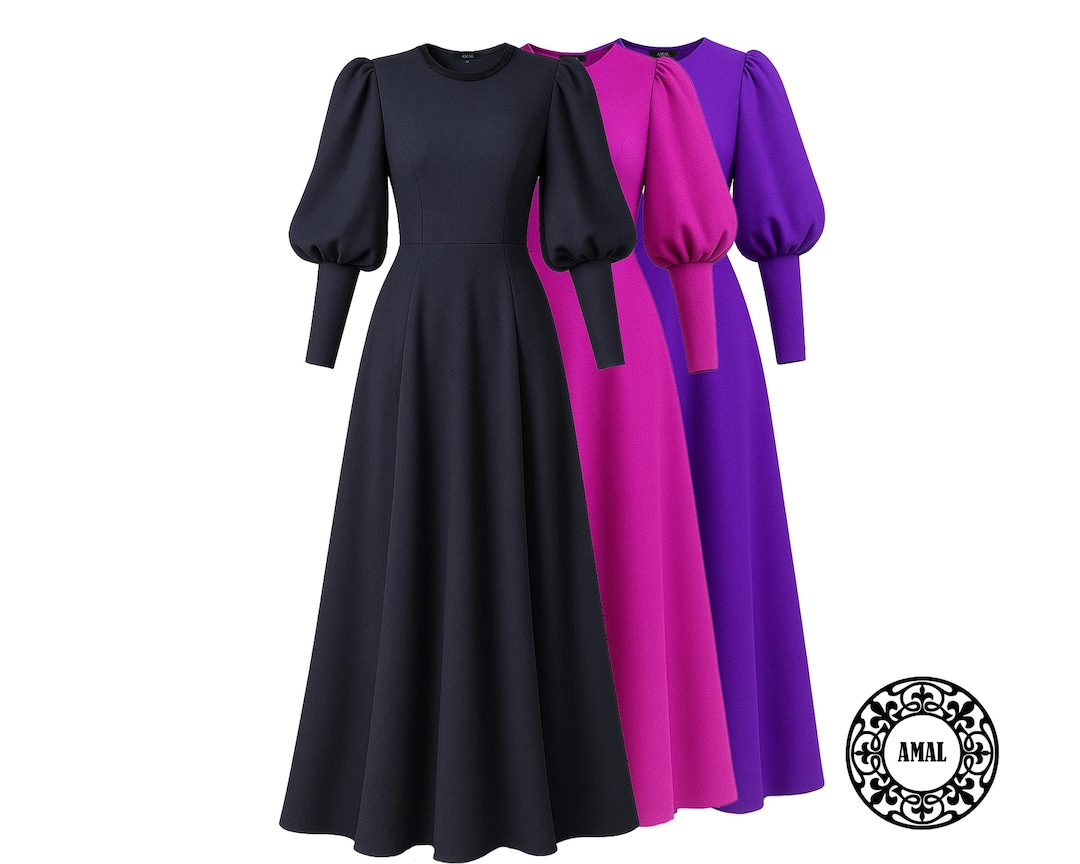 Amal Muslim. Modest Jersey Maxi Dress with Puff Sleeves | Muslim Long Dress | Hijab-Friendly, USA. Model 142