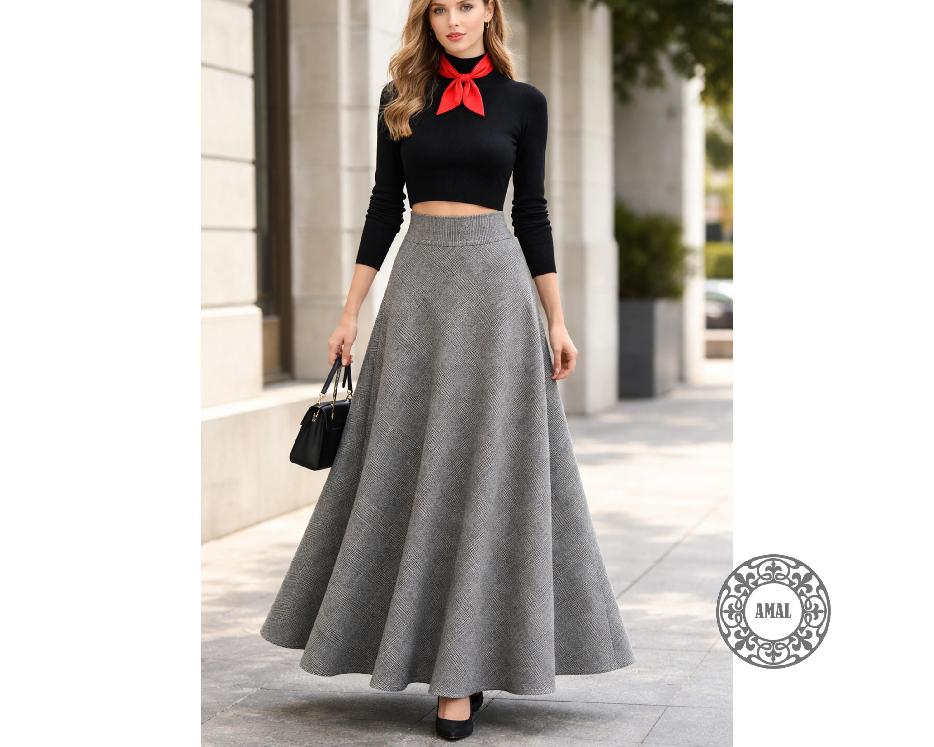 AMAL MUSLIM. Long Gray Plaid Maxi Skirt, Bias Cut A-line Skirt