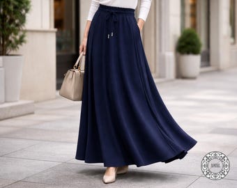 AMAL MUSLIM.Long Maxi Skirt with Elastic Waist, Soft Knit A-Line Skirt with Pockets, Everyday Modest Skirt, Custom Length, USA. Model 121