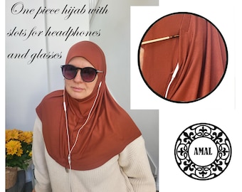 AMAL Muslim, One Piece COTTON Hijab with Slits for Headphones And Glasses, Solid Cover, USA