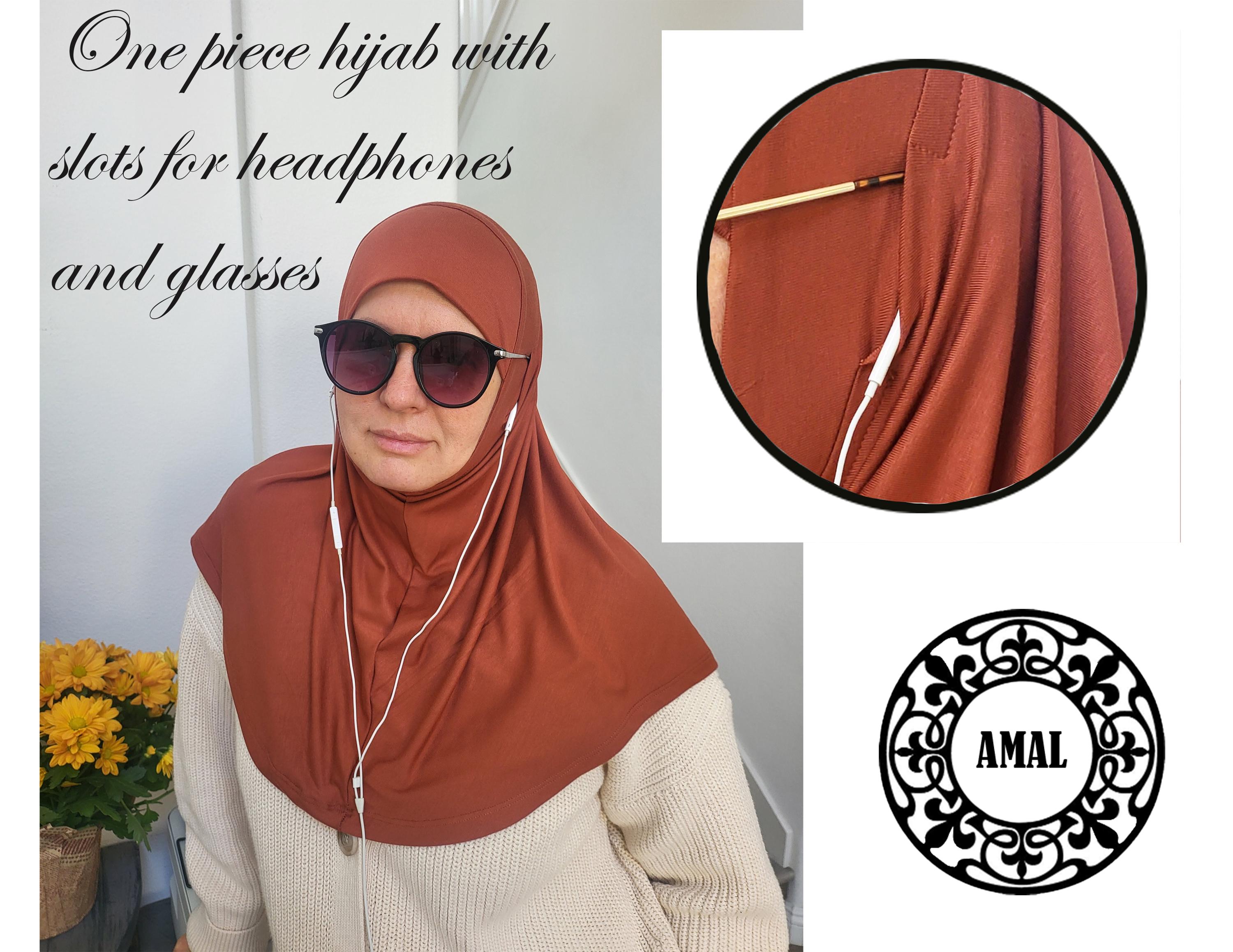 AMAL Muslim, One Piece COTTON Hijab with Slits for Headphones And Glasses, Solid Cover, USA