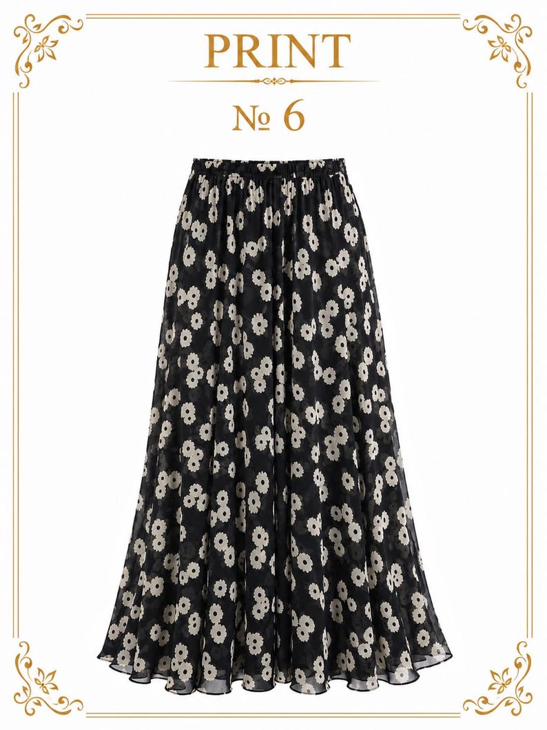 AMAL, Chiffon Maxi Skirt with Full Lining, Semi Circle Flared Long Skirt, Elastic Waist Modest Skirt, Floral Print Skirt for Women M- 113. PRINT #6
