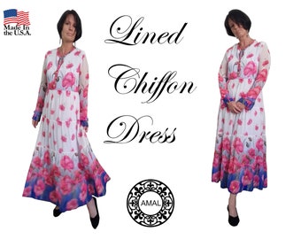 AMAL. Print Chiffon Dress. xs-5xl. islamic hijab. USA. Model 42.