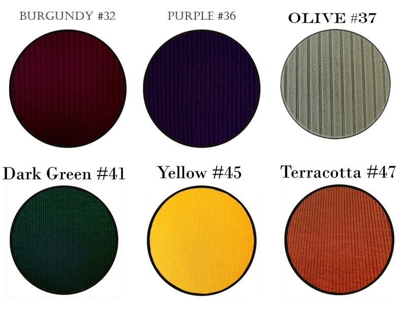 May include: Six fabric swatches in different colors, each with a different number. The colors are burgundy, purple, olive, dark green, yellow, and terracotta.