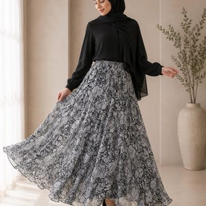 AMAL, Chiffon Maxi Skirt with Full Lining, Semi Circle Flared Long Skirt, Elastic Waist Modest Skirt, Floral Print Skirt for Women M- 113. image 1