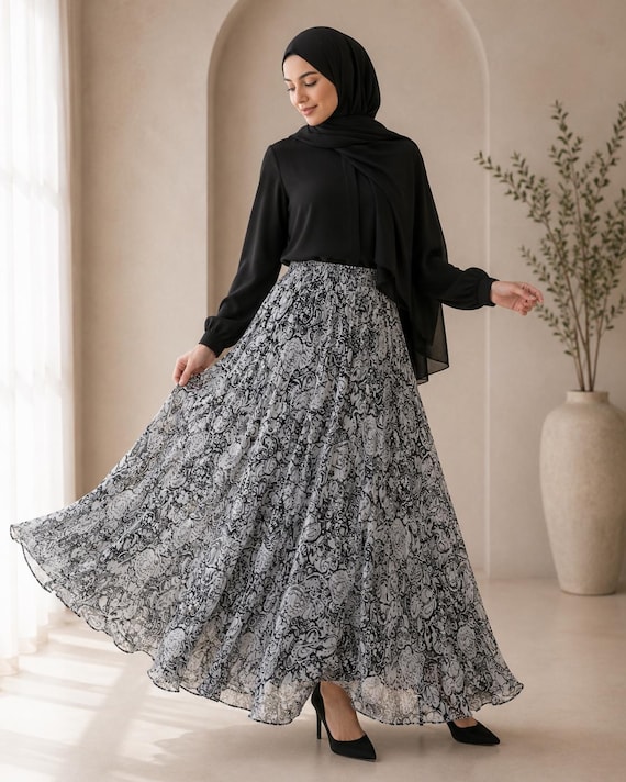 AMAL, Chiffon Maxi Skirt with Full Lining, Semi Circle Flared Long Skirt, Elastic Waist Modest Skirt, Floral Print Skirt for Women M- 113.
