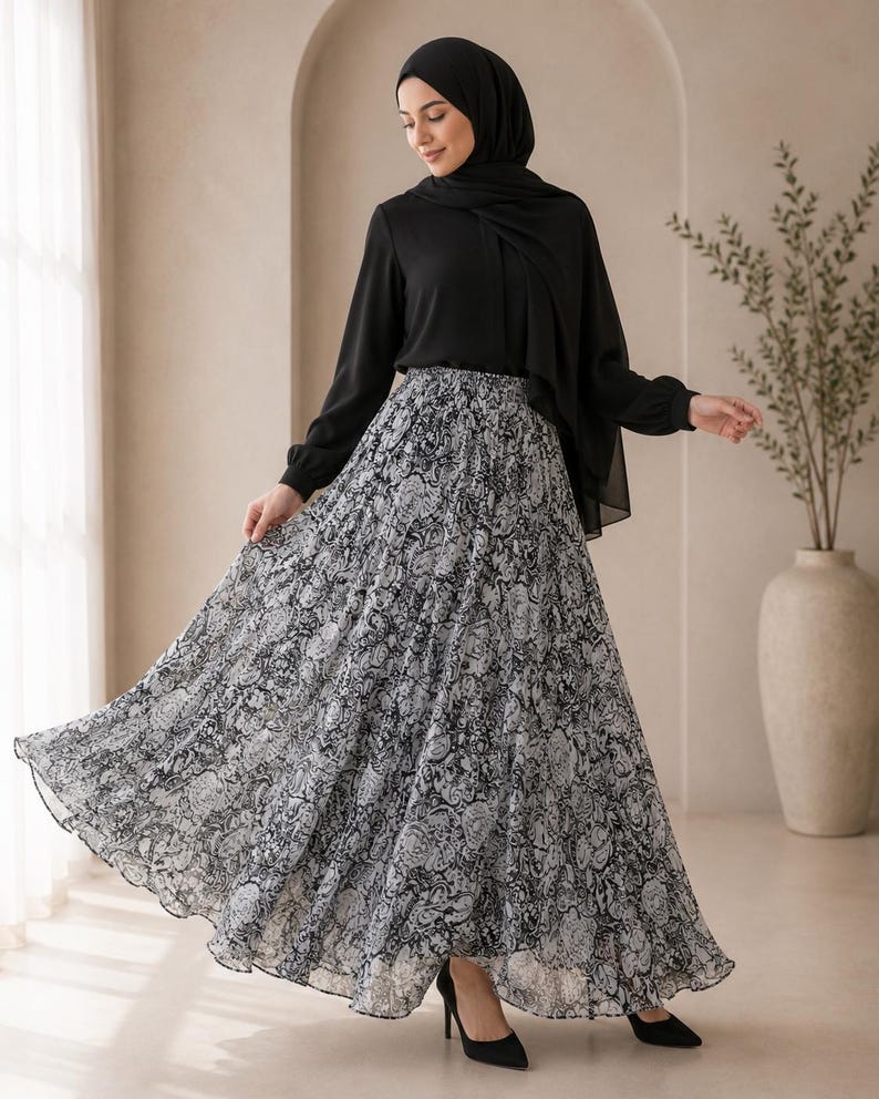 AMAL, Chiffon Maxi Skirt with Full Lining, Semi Circle Flared Long Skirt, Elastic Waist Modest Skirt, Floral Print Skirt for Women M- 113. image 1