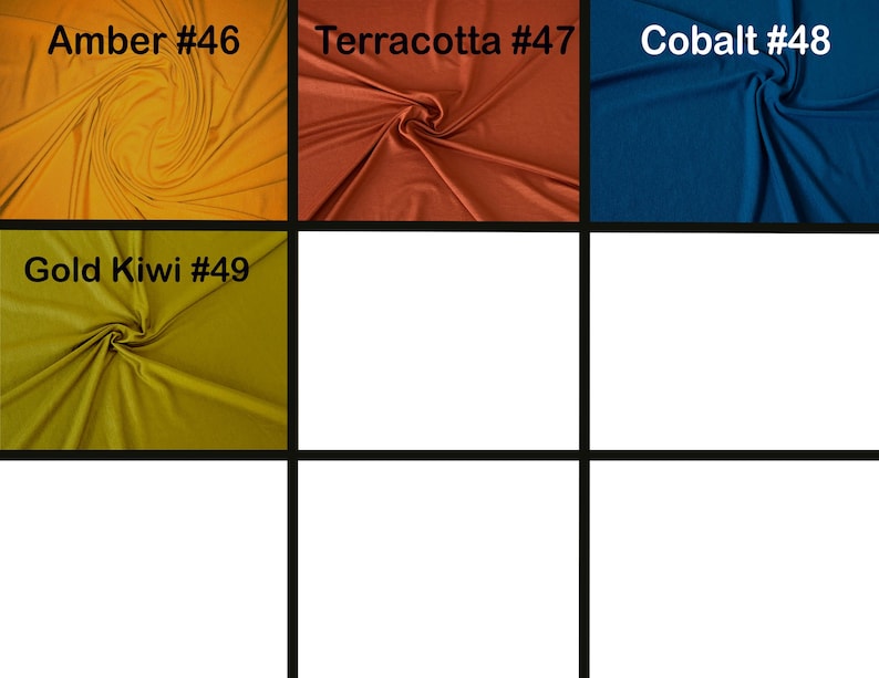 Puede incluir: Una cuadr&iacute;cula de cuatro muestras de tela con los colores Amber #46, Terracotta #47, Cobalt #48 y Gold Kiwi #49. Cada muestra presenta un color s&oacute;lido con pliegues y drapeados naturales, etiquetada con su nombre y n&uacute;mero en negro.