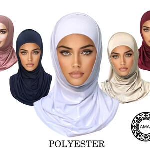 May include: Five different colored polyester hijab head coverings. The colors are burgundy, pink, navy blue, beige, and white. The hijabs are made of a soft, stretchy fabric.