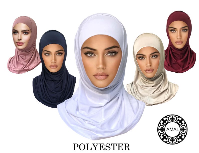 May include: Five different colored polyester hijab head coverings. The colors are burgundy, pink, navy blue, beige, and white. The hijabs are made of a soft, stretchy fabric.