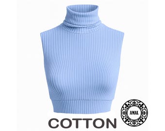 AMAL Muslim. COTTON Ribbed Sleeveless Ribbed Turtleneck Crop Top/Fitted High Neck Knit Tank. USA
