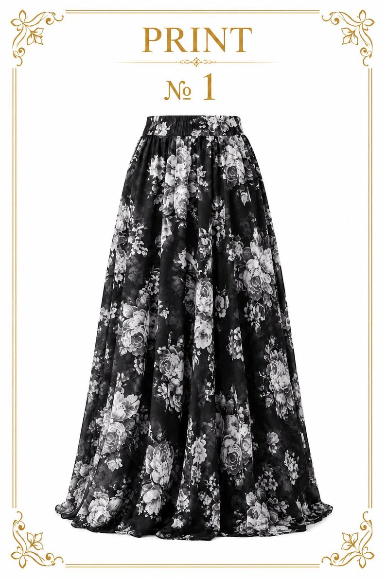 AMAL, Chiffon Maxi Skirt with Full Lining, Semi Circle Flared Long Skirt, Elastic Waist Modest Skirt, Floral Print Skirt for Women M- 113. PRINT #1