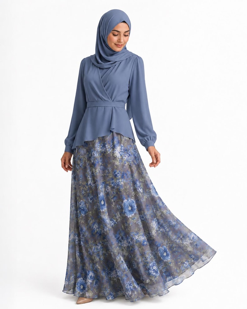 AMAL, Chiffon Maxi Skirt with Full Lining, Semi Circle Flared Long Skirt, Elastic Waist Modest Skirt, Floral Print Skirt for Women M- 113. image 6