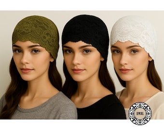 AMAL Muslim, Open-Back Two-Piece Cap: Cotton Base Beanie + Lace Overlay • Layered, Breathable, Mix-and-Match Design, USA