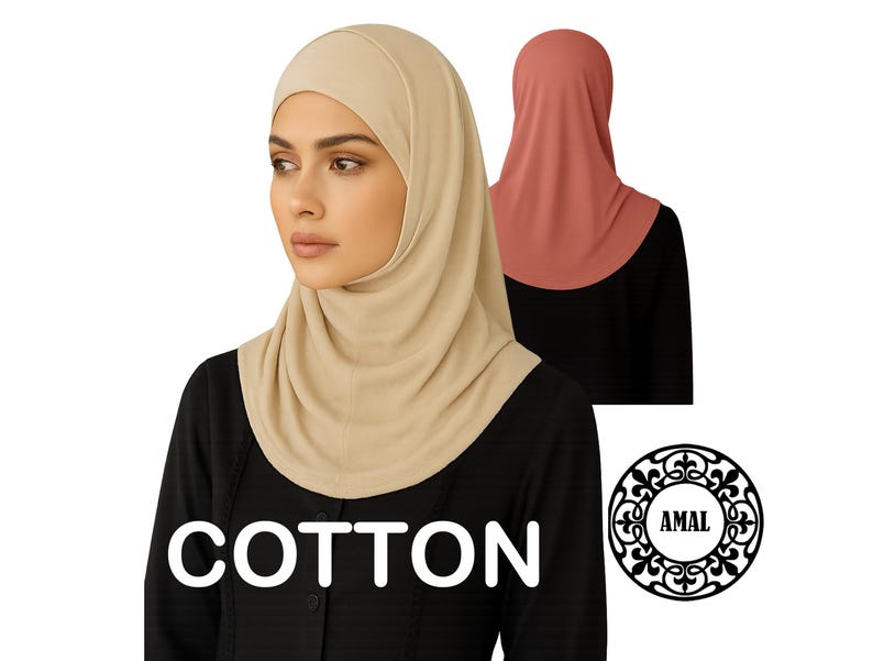 AMAL Muslim, katoenen hijab met aparte onderkap, tweedelig, comfortabele, bescheiden sjaal VS afbeelding 1