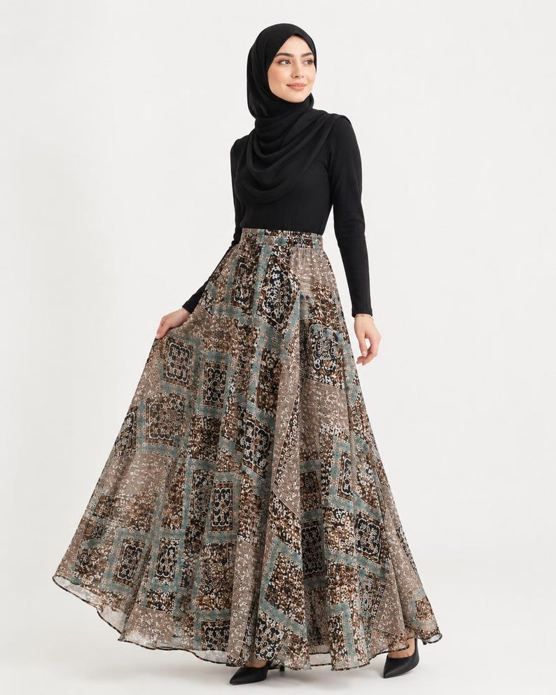 AMAL, Chiffon Maxi Skirt with Full Lining, Semi Circle Flared Long Skirt, Elastic Waist Modest Skirt, Floral Print Skirt for Women M- 113. image 9