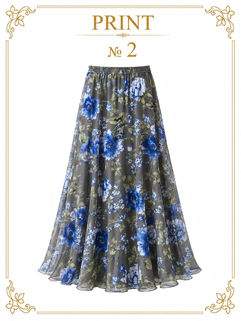 AMAL, Chiffon Maxi Skirt with Full Lining, Semi Circle Flared Long Skirt, Elastic Waist Modest Skirt, Floral Print Skirt for Women M- 113. PRINT #2