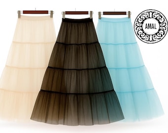 AMAL Layered Tulle Petticoat Skirt • Soft Mesh Underskirt for Dresses • Puffy Volume Slip Skirt • 38" or 97 cm. Vintage Petticoats. USA