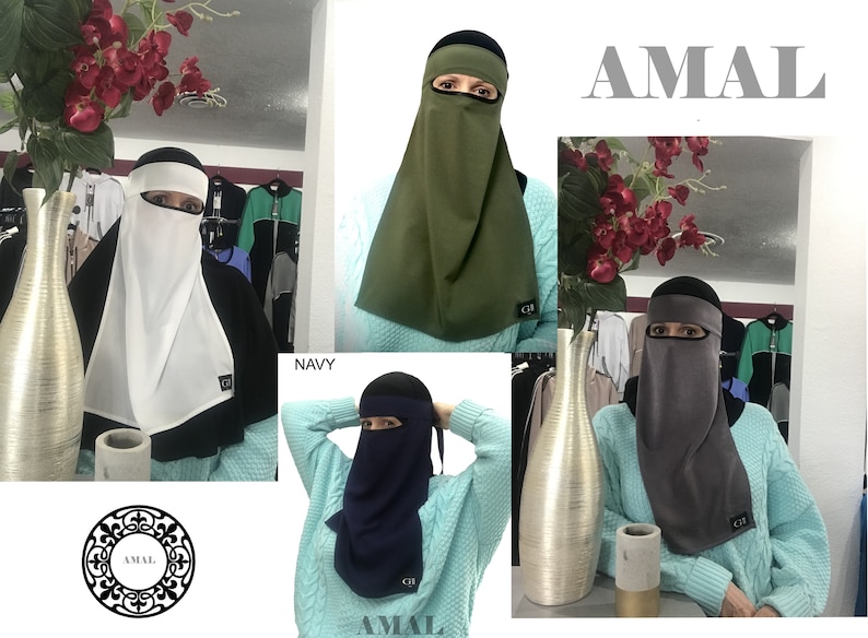 May include: Four different colored niqabs with a black under-cap. The niqabs are in the colors white, green, gray, and navy blue. The niqabs are made of a soft, breathable fabric. The niqabs are all the same style, with a long, flowing piece of fabric that covers the head and neck, and a smaller piece of fabric that covers the face. The niqabs are all available in a variety of colors.