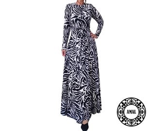 AMAL MUSLIM. Maxi Zebra Print Dress with Long Sleeves | High Neck Dress USA. Model 16.2