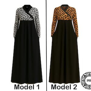 AMAL MUSLIM. Leopard Print Top Maxi Dress | Modest Jersey Abaya Dress | Long Sleeve Hijab Friendly Dress with Pockets. USA. Model 53
