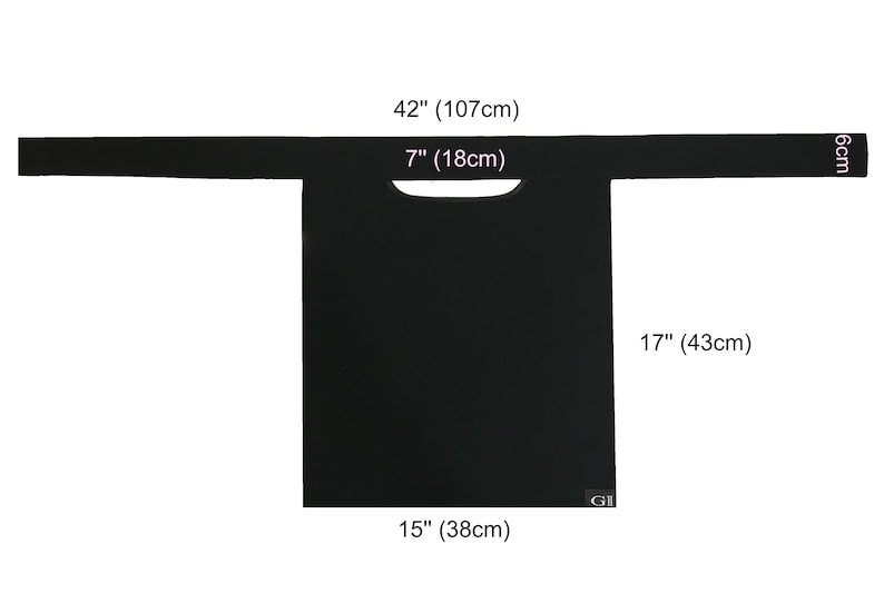 May include: Black fabric apron with a 42-inch wide neck opening and a 17-inch drop. The apron is 15 inches wide and has a 7-inch wide neck opening.
