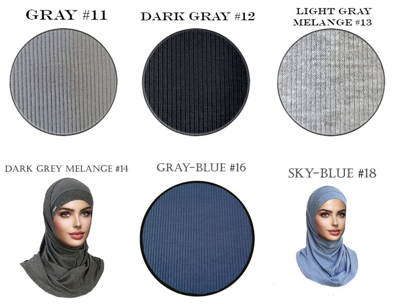 May include: Six fabric swatches in different shades of gray and blue. The swatches are labeled with their color and number. The swatches are arranged in two rows of three. The top row shows gray, dark gray, and light gray. The bottom row shows dark gray melange, gray-blue, and sky-blue.
