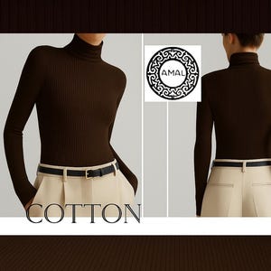 AMAL Muslim. Ribbed Cotton Turtleneck Top | Fitted Long Sleeve Knit | 45 Colors | Minimalist Wardrobe Essential, USA