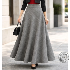 AMAL MUSLIM. Long Gray Plaid Maxi Skirt, Bias Cut A-Line Skirt, Winter Knit Skirt with Wide Elastic Waist, Modest Elegant Skirt, Model 114.2