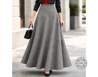 AMAL MUSLIM. Long Gray Plaid Maxi Skirt, Bias Cut A-Line Skirt, Winter Knit Skirt with Wide Elastic Waist, Modest Elegant Skirt, Model 114.2