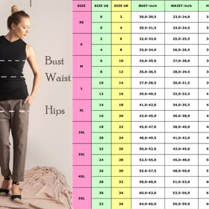 May include: Size chart for clothing with measurements in inches for bust, waist, and hips. The chart includes sizes XS to 5XL, with corresponding US and UK sizes.