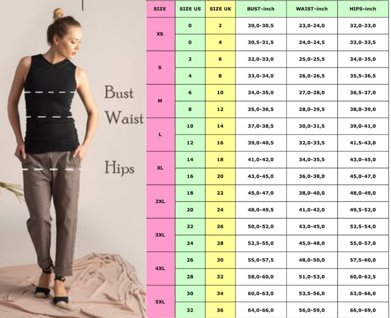 May include: Size chart for clothing with measurements in inches for bust, waist, and hips. The chart includes sizes XS to 5XL, with corresponding US and UK sizes.