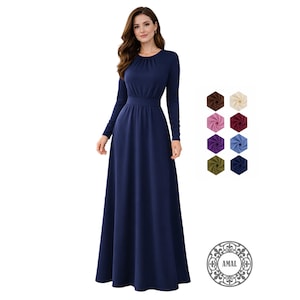 AMAL Muslim Modest Maxi Dress with Long Sleeves | ITY Fabric Dress | Muslim Dress | Soft Waist Dress | Everyday Modest Dress, Model 109.