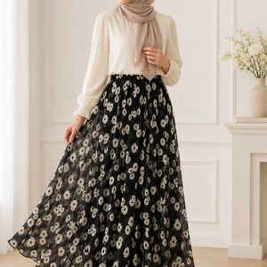 AMAL, Chiffon Maxi Skirt with Full Lining, Semi Circle Flared Long Skirt, Elastic Waist Modest Skirt, Floral Print Skirt for Women M- 113. image 11