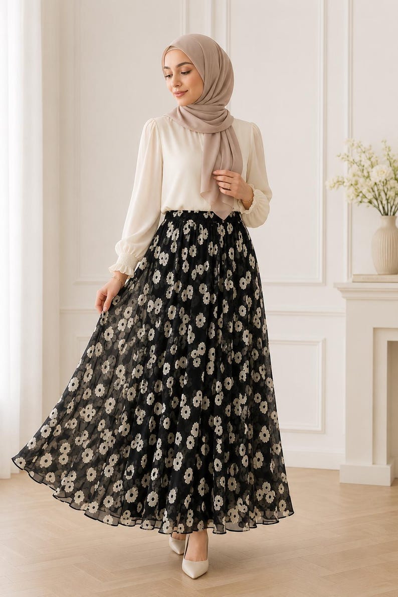 AMAL, Chiffon Maxi Skirt with Full Lining, Semi Circle Flared Long Skirt, Elastic Waist Modest Skirt, Floral Print Skirt for Women M- 113. image 11